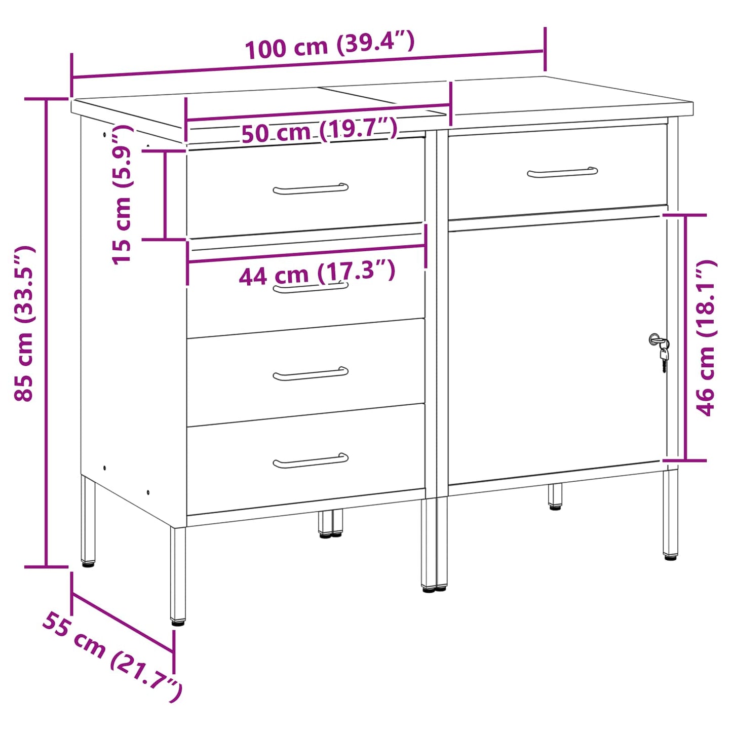 Munkaszekrény fiókkal 2 db Piros és Szürke 100 x 55 x 85 cm