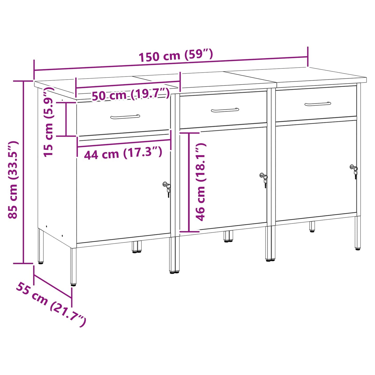 Munkaszekrény fiókkal 3 pcs Fekete és Szürke 150 x 55 x 85 cm