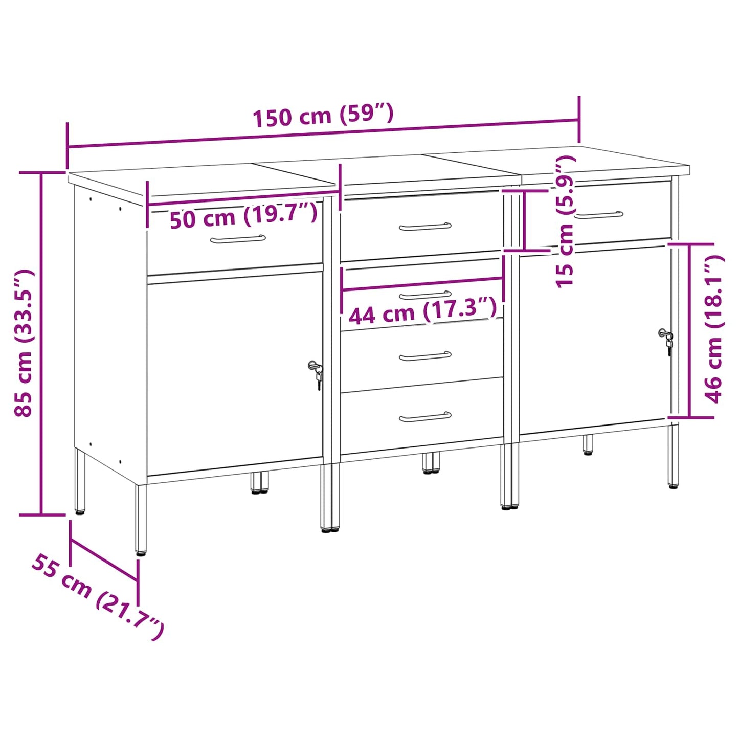 Munkaszekrény fiókkal 3 db Piros és Szürke 150 x 55 x 85 cm