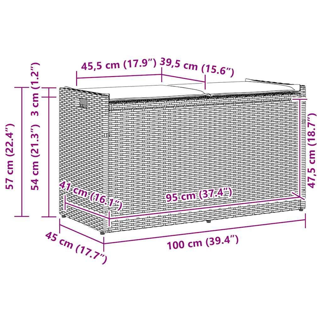 fekete polyrattan kültéri tárolópad párnával 100 cm