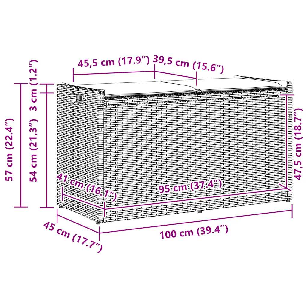 bézs polyrattan kültéri tárolópad párnával 100 cm