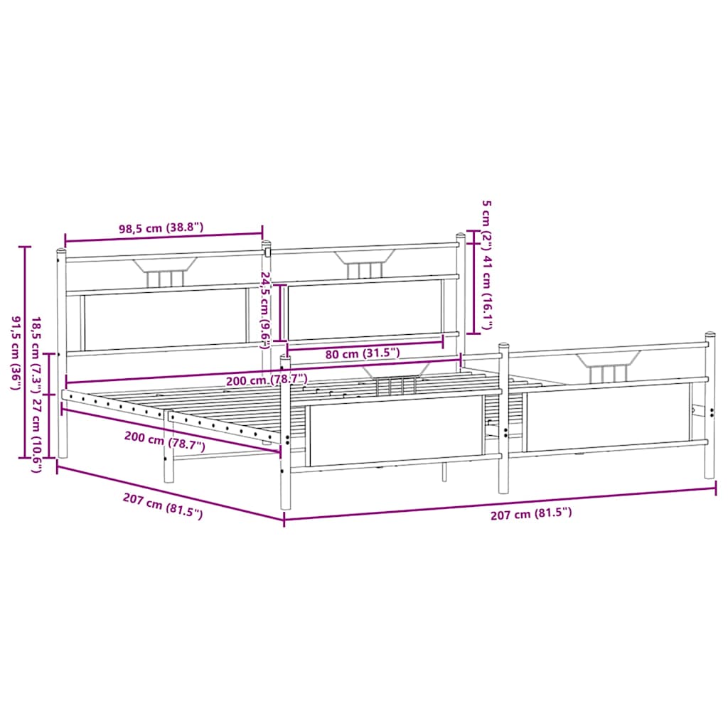 füstös tölgy színű fém ágykeret matrac nélkül 200 x 200 cm