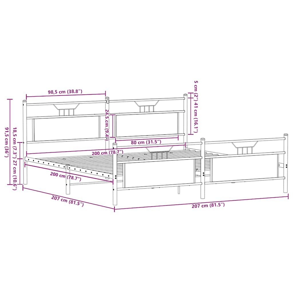 barna tölgy színű fém ágykeret matrac nélkül 200 x 200 cm