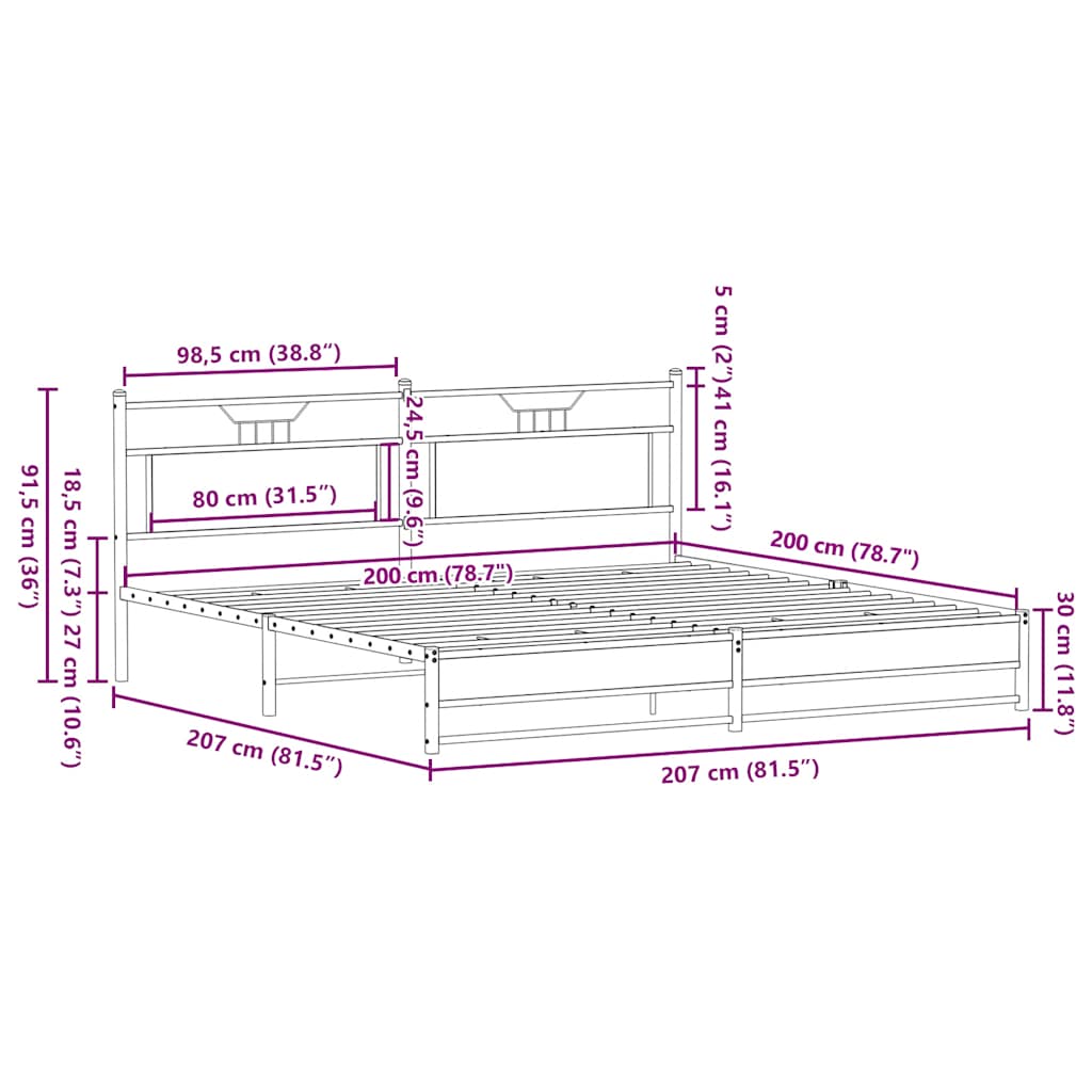 füstös tölgy színű fém ágykeret matrac nélkül 200 x 200 cm