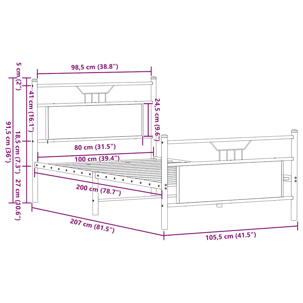 füstös tölgy színű szerelt fa ágykeret matrac nélkül 100x200 cm