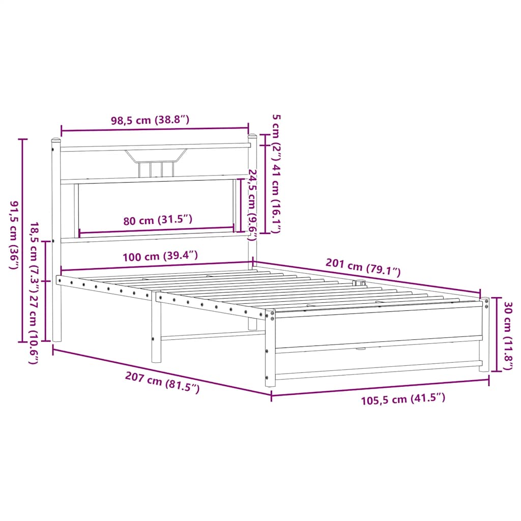 füstös tölgy színű szerelt fa ágykeret matrac nélkül 100x200 cm