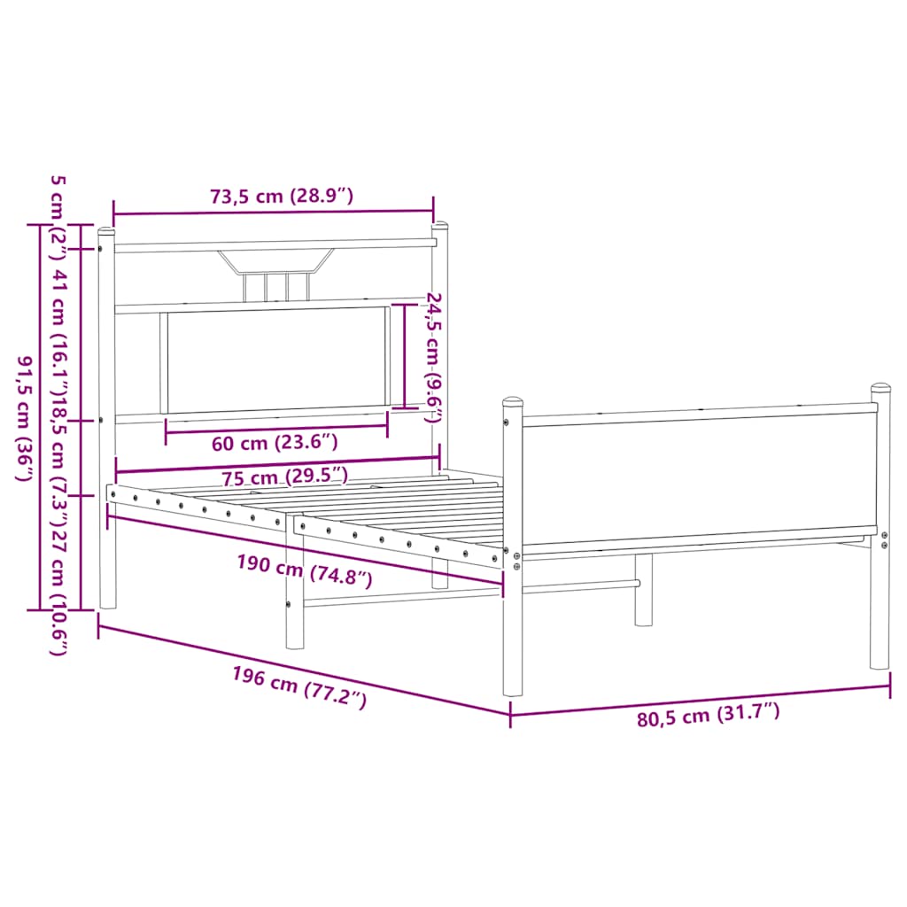 füstös tölgy színű szerelt fa ágykeret matrac nélkül 75x190 cm
