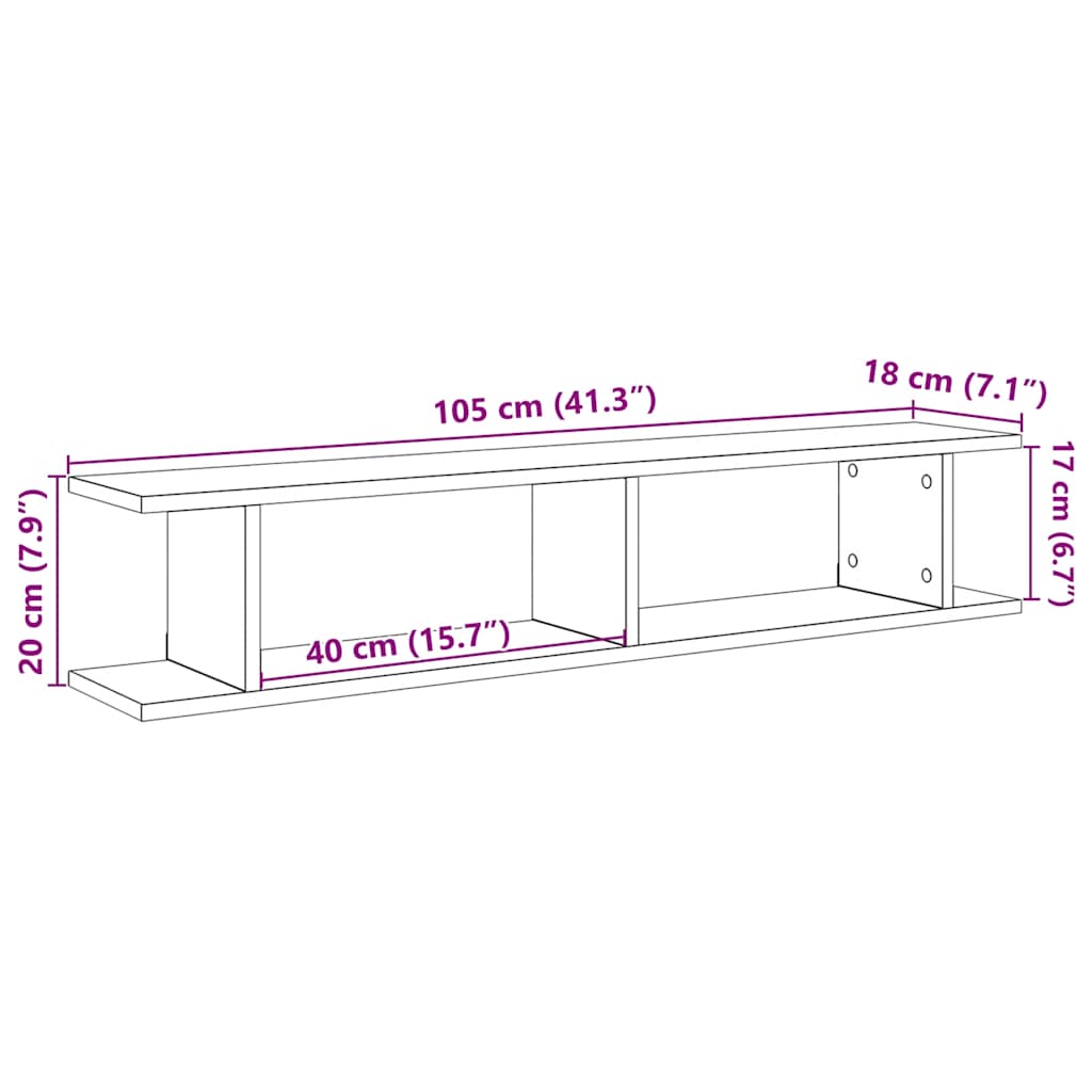 2 db fekete tölgy szerelt fa fali polcok 105x18x20 cm