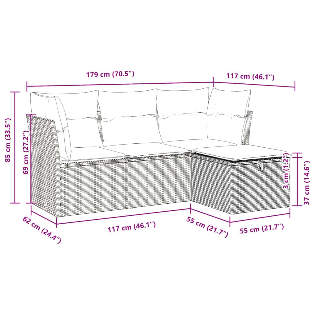 4 részes fekete polyrattan kerti ülőgarnitúra párnákkal