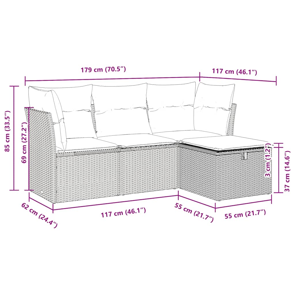 4 részes barna polyrattan kerti ülőgarnitúra párnákkal