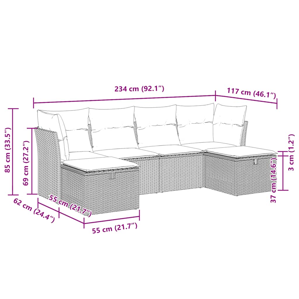 6 részes fekete polyrattan kerti ülőgarnitúra párnákkal