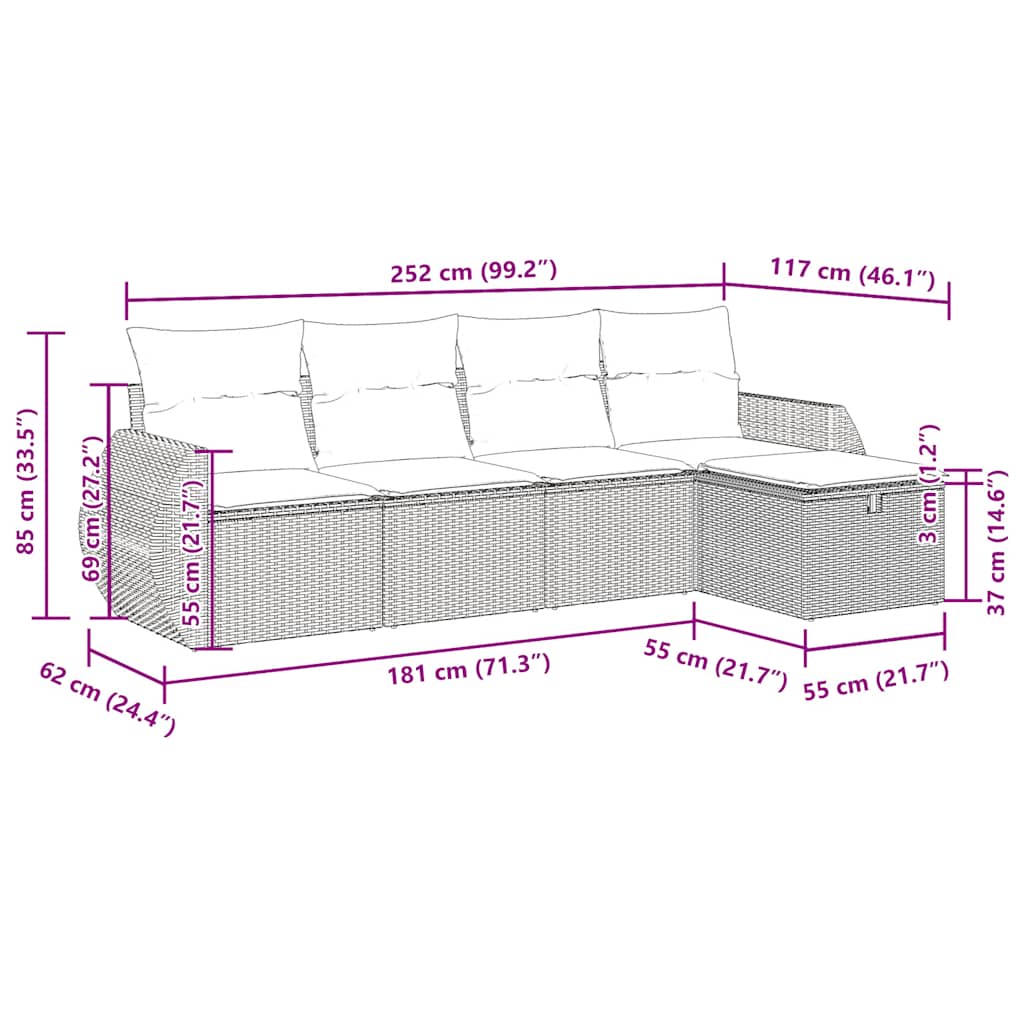 5 részes fekete polyrattan kerti kanapészett párnákkal