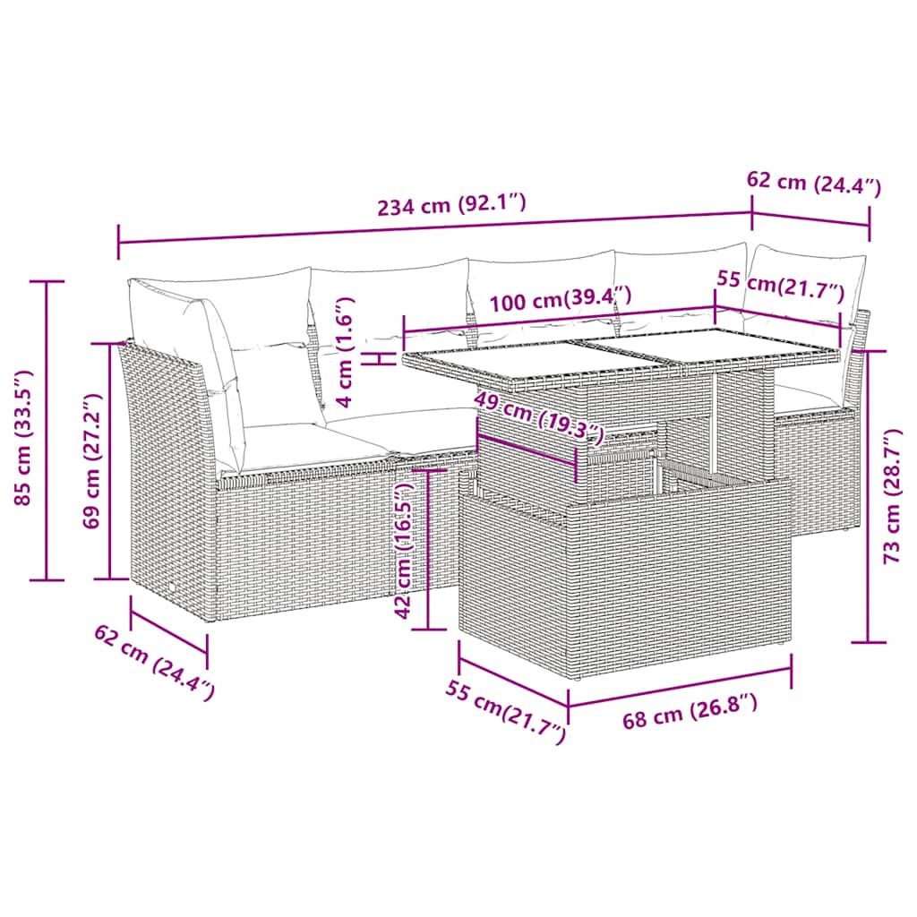 5 részes fekete polyrattan kerti kanapészett párnákkal