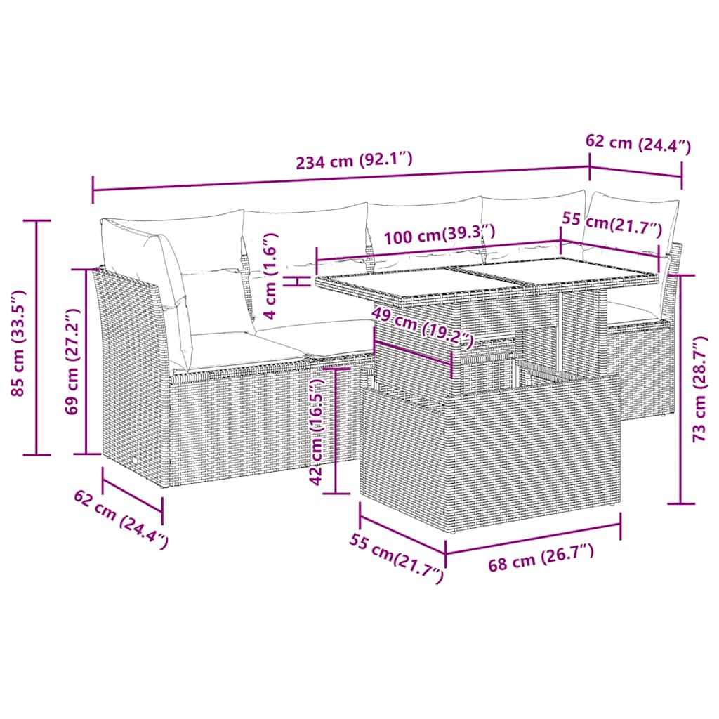 5 részes szürke polyrattan akácfa kerti ülőgarnitúra párnákkal