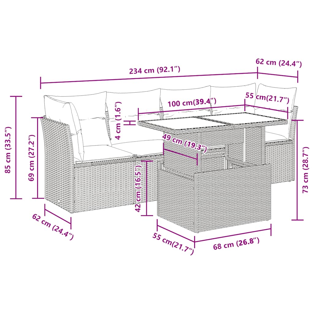 5 részes világosszürke polyrattan kerti ülőgarnitúra párnákkal