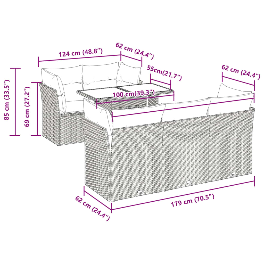 6 részes fekete polyrattan kerti ülőgarnitúra párnákkal
