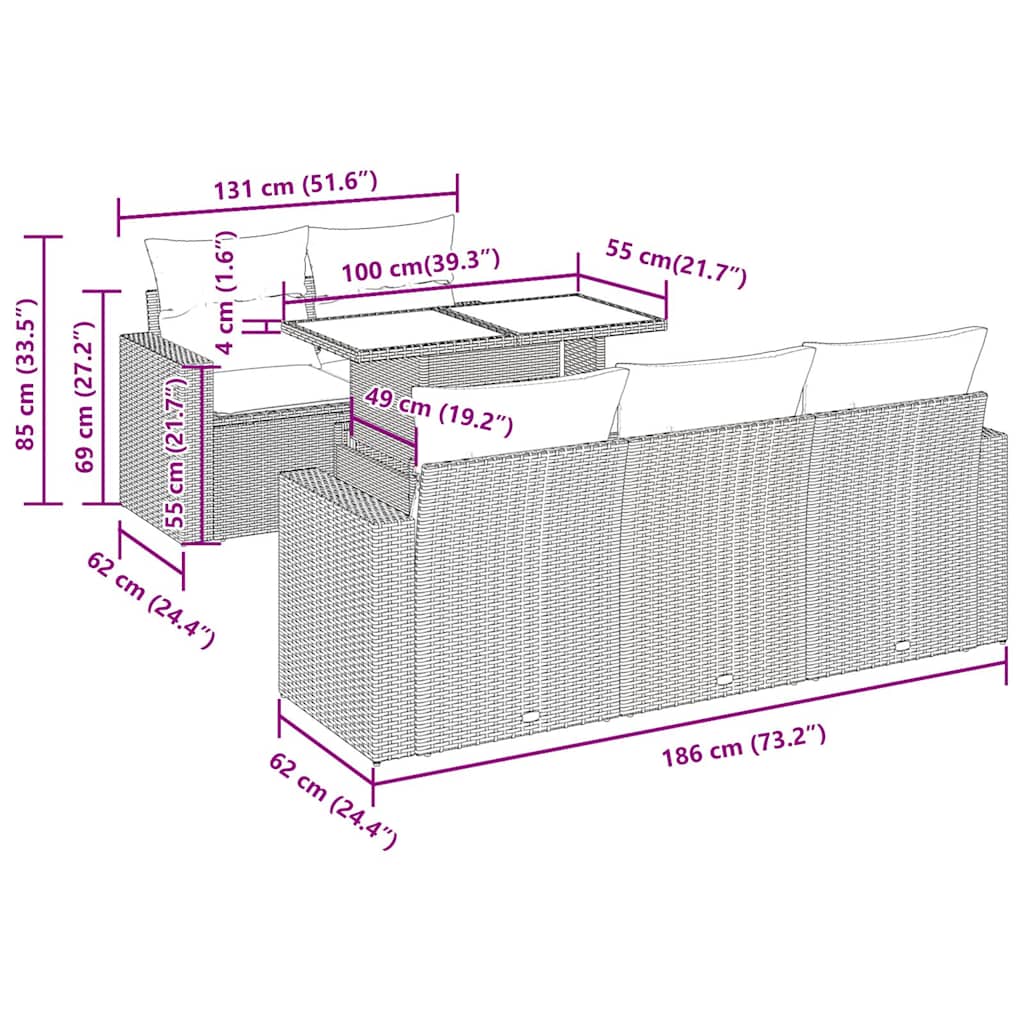 6 részes barna polyrattan akácfa kerti ülőgarnitúra párnával