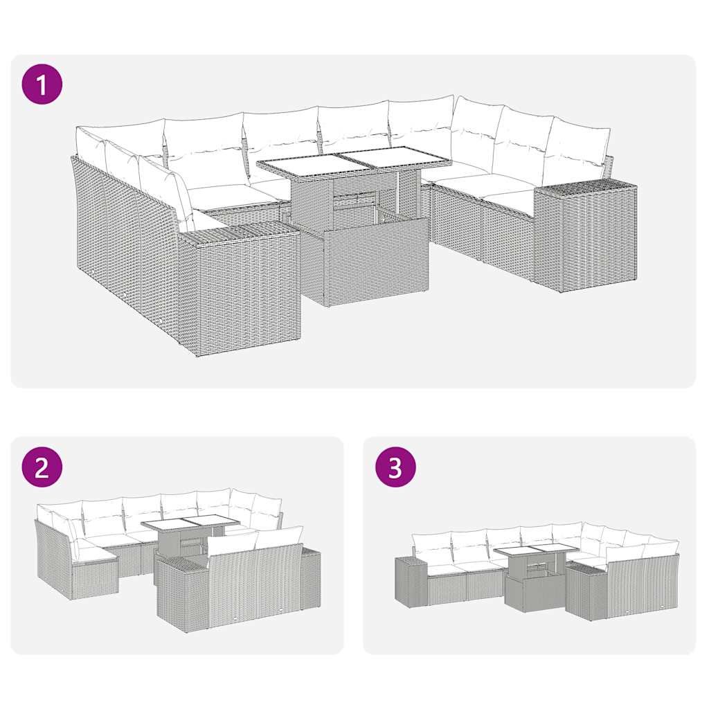 10 részes fekete polyrattan kerti ülőgarnitúra párnákkal