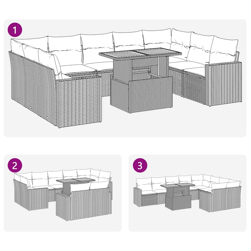 10 részes fekete polyrattan kerti ülőgarnitúra párnákkal