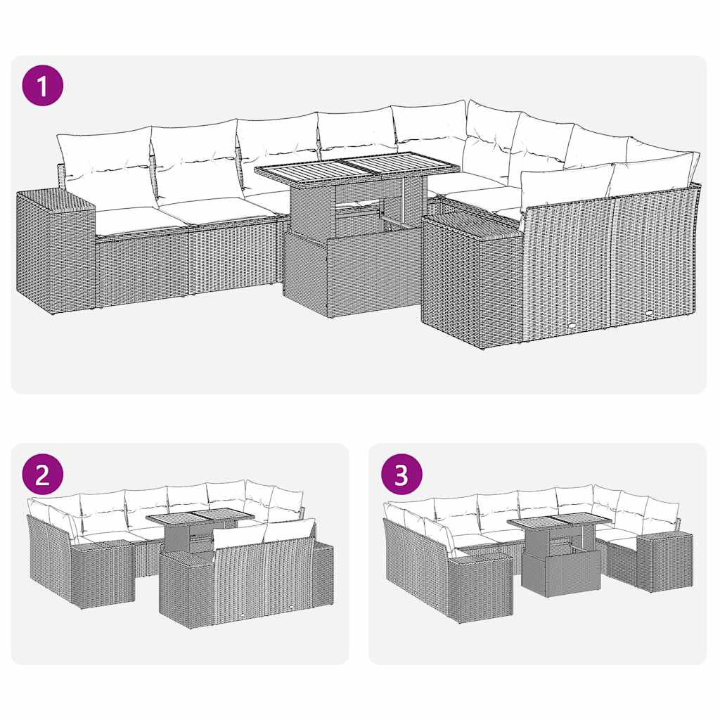 10 részes fekete polyrattan akácfa kerti ülőgarnitúra párnákkal
