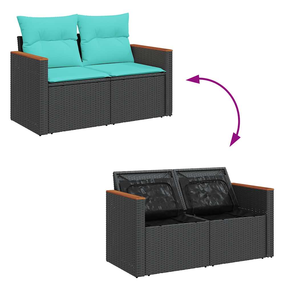 8 részes fekete polyrattan akácfa kerti ülőgarnitúra párnákkal