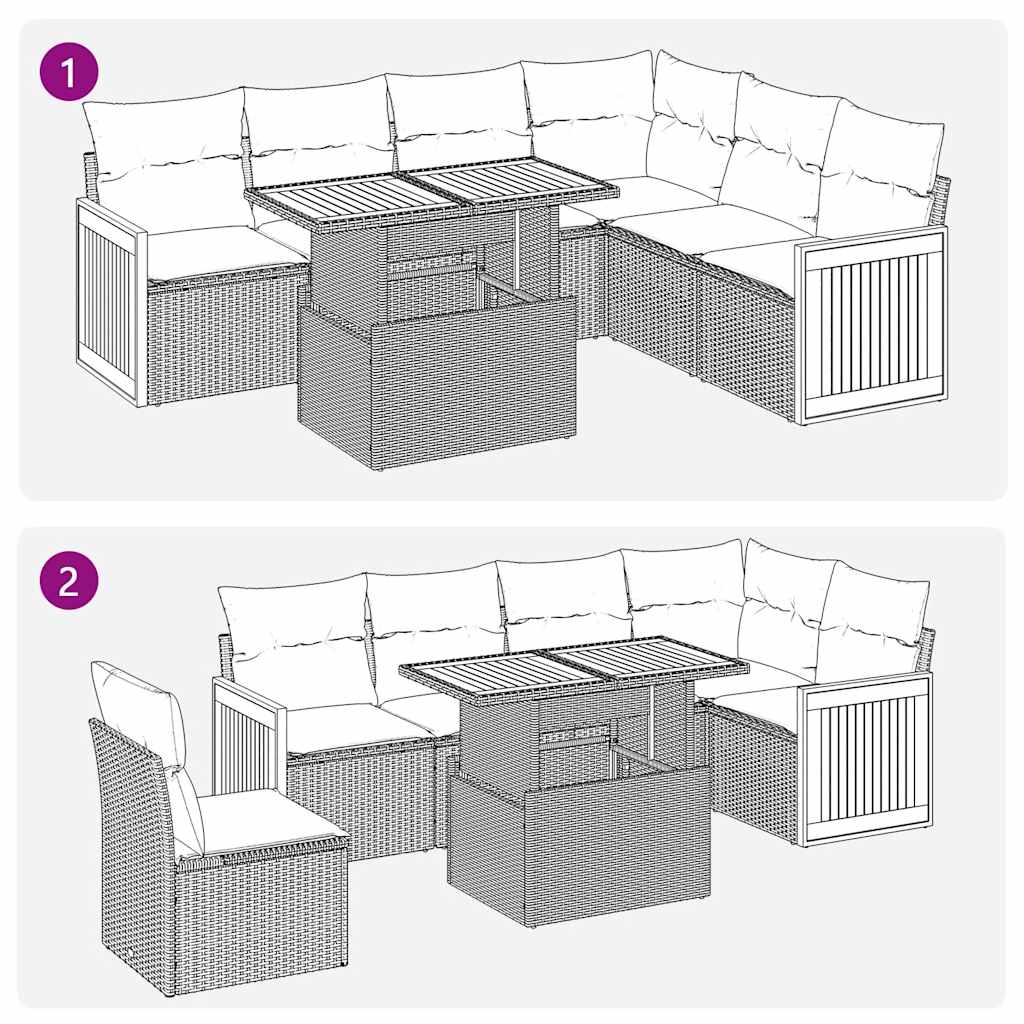 7 részes bézs polyrattan akácfa kerti ülőgarnitúra párnákkal