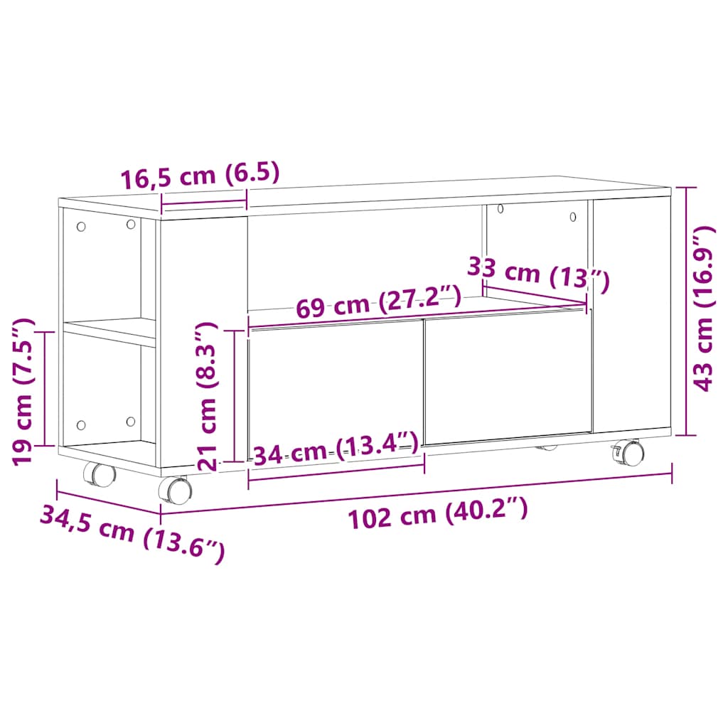 fekete tölgy szerelt fa TV-szekrény kerekekkel 102x34,5x43 cm
