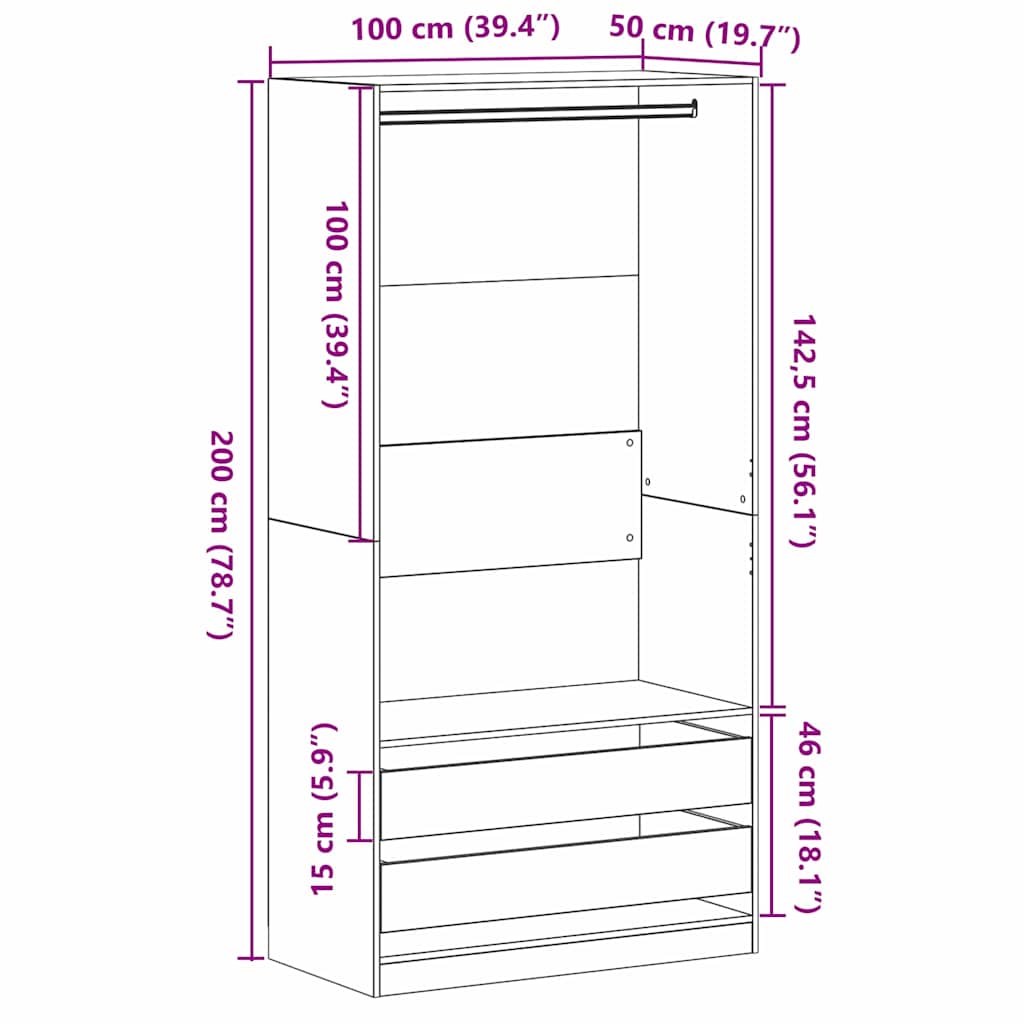 Ruhásszekrény Fekete tölgy 100 x 50 x 200 cm Szerelt Fa