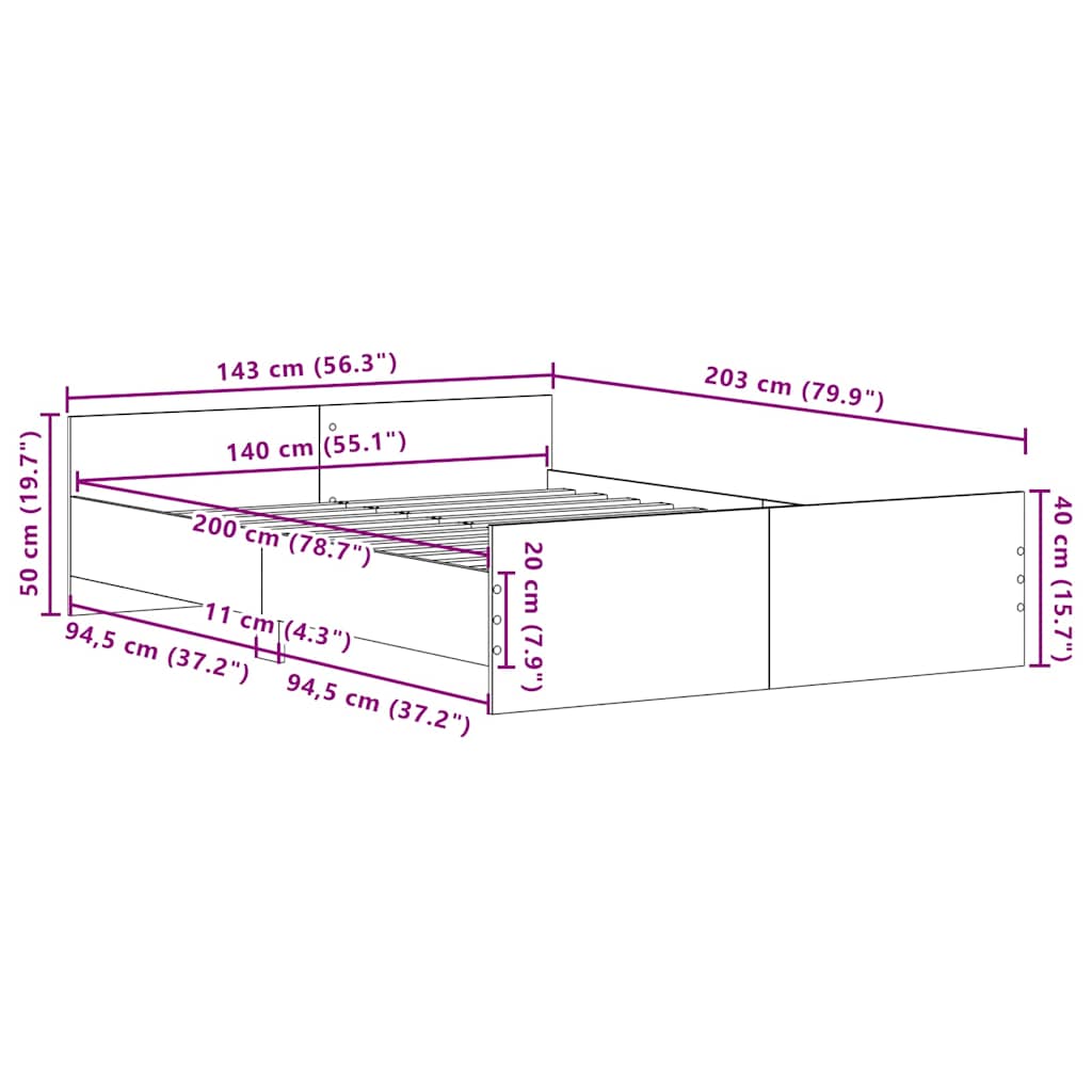 fekete tölgy színű szerelt fa ágykeret matrac nélkül 140x200 cm