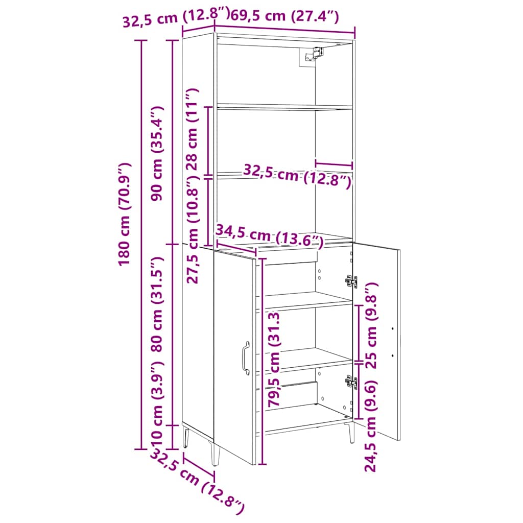 Magasfiú Fekete tölgy 69,5 x 32,5 x 180 cm Szerelt Fa