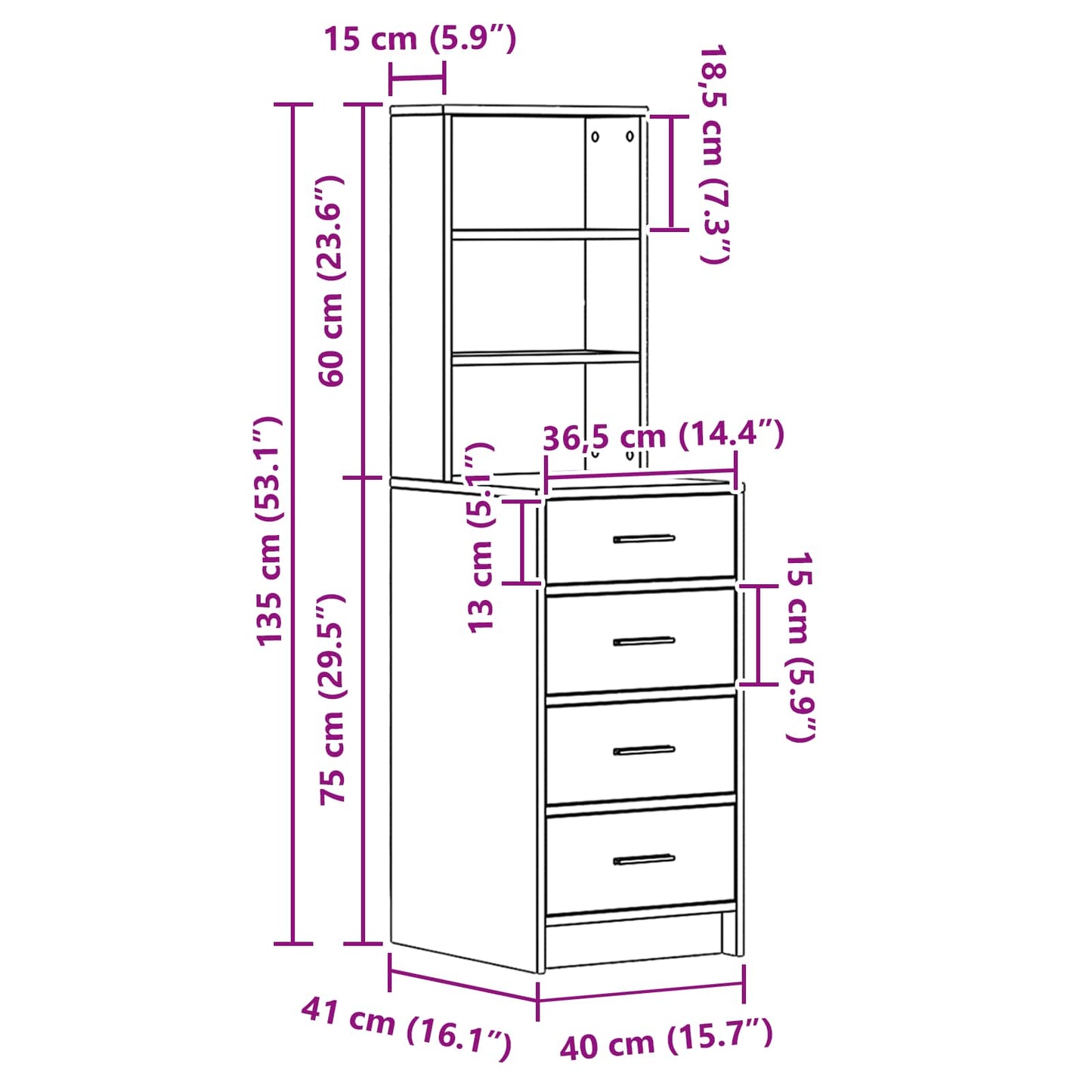 Magasfiú Beton szürke 40 x 41 x 135 cm Szerelt Fa