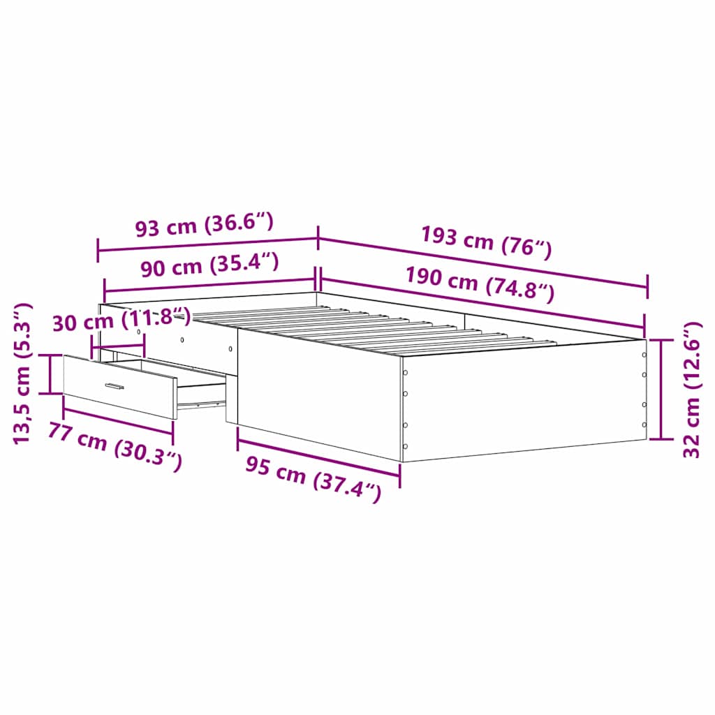 Ágykeret fiókkal tárolóval Fekete tölgy 90 x 190 cm Szerelt Fa
