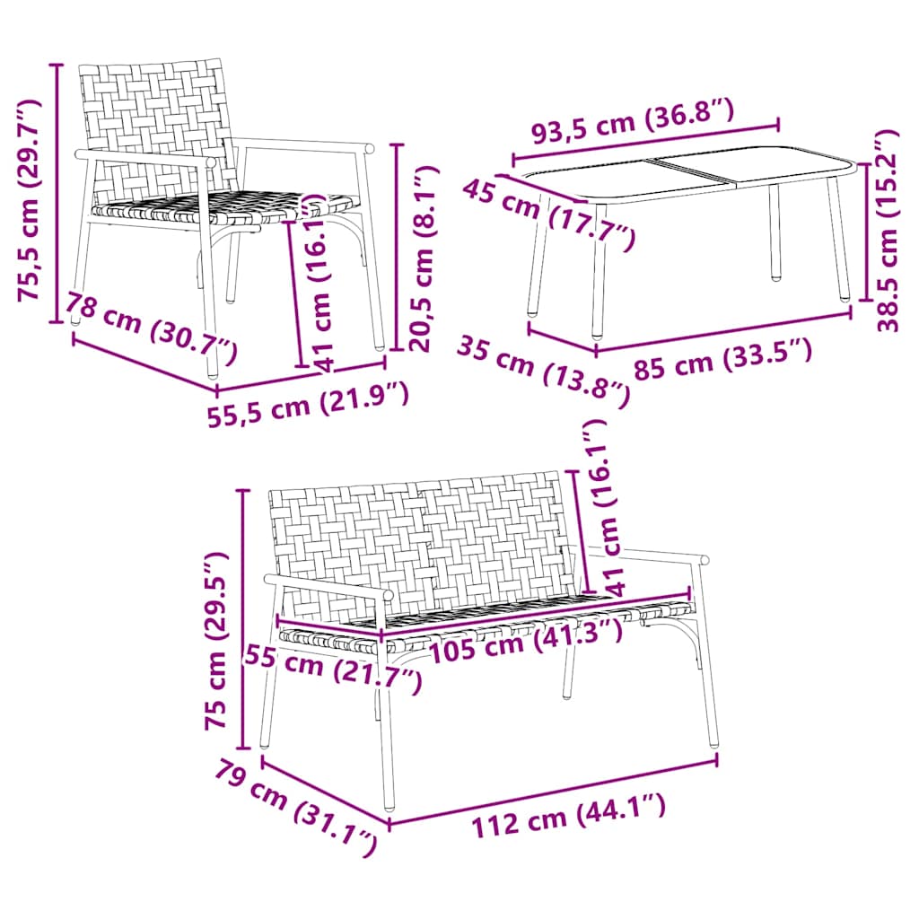 Kert étkező szett 4 pcs Barna polirattan