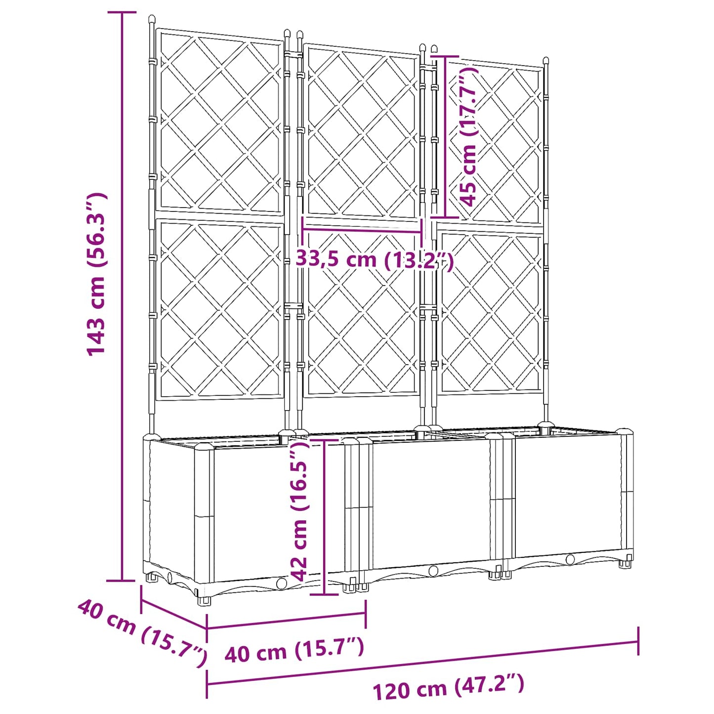 Kerti cserép 3 db Szürke 120 x 40 x 143 cm PP