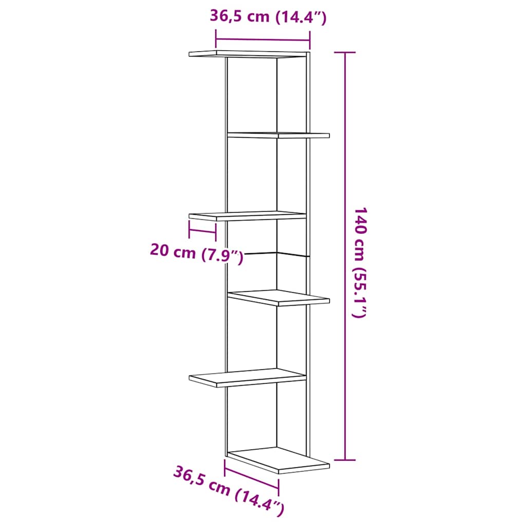 Fali Sarok Polc polcokkal Fekete tölgy 36,5 x 36,5 x 140 cm