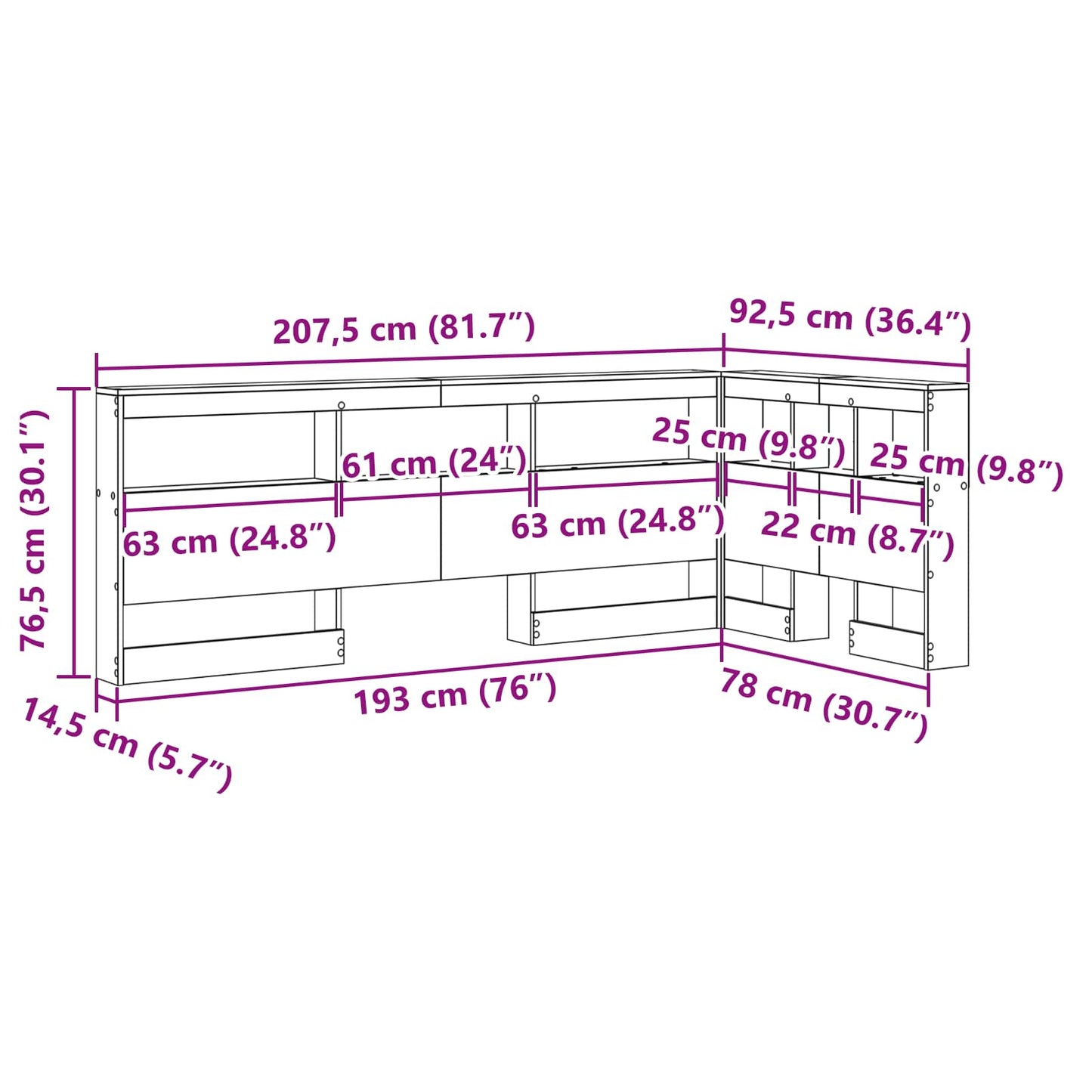 Tároló fejtámla polcokkal tárolóval Beton Szürke 75 cm Faanyag