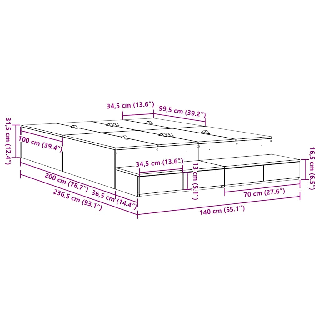 Ágykeret tárolóval fiókkal Szürke Sonoma 140 cm Szerelt Fa