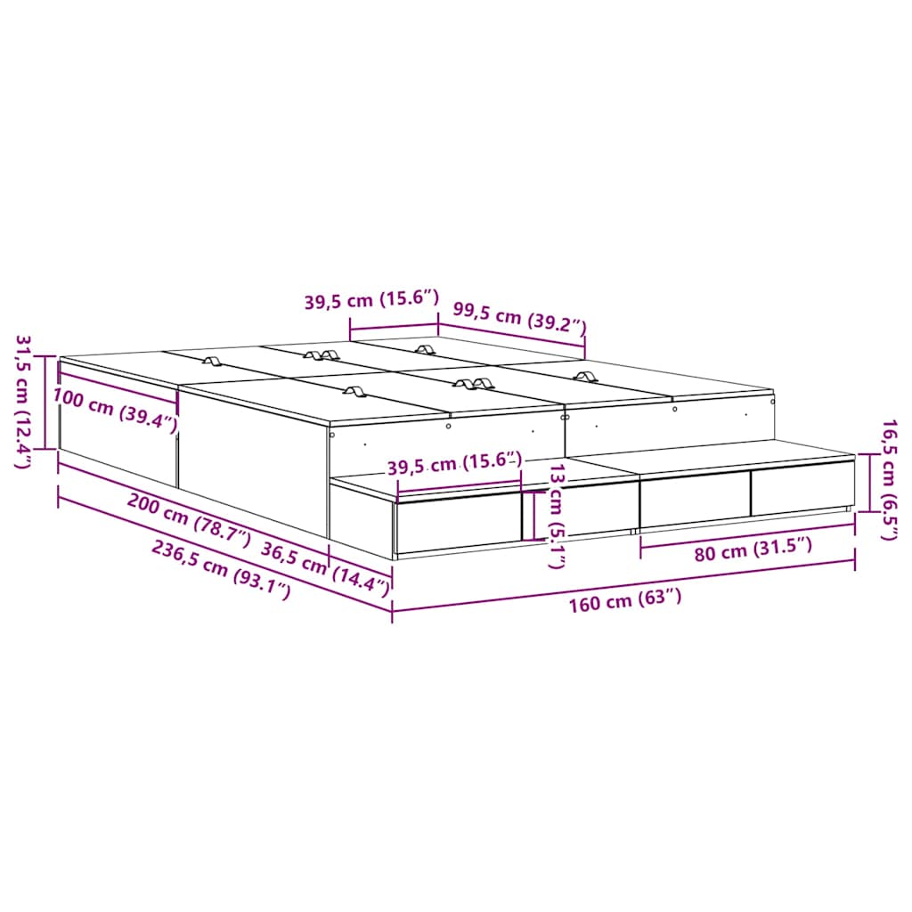 Ágykeret tárolóval fiókkal Fekete tölgy 160 cm Szerelt Fa