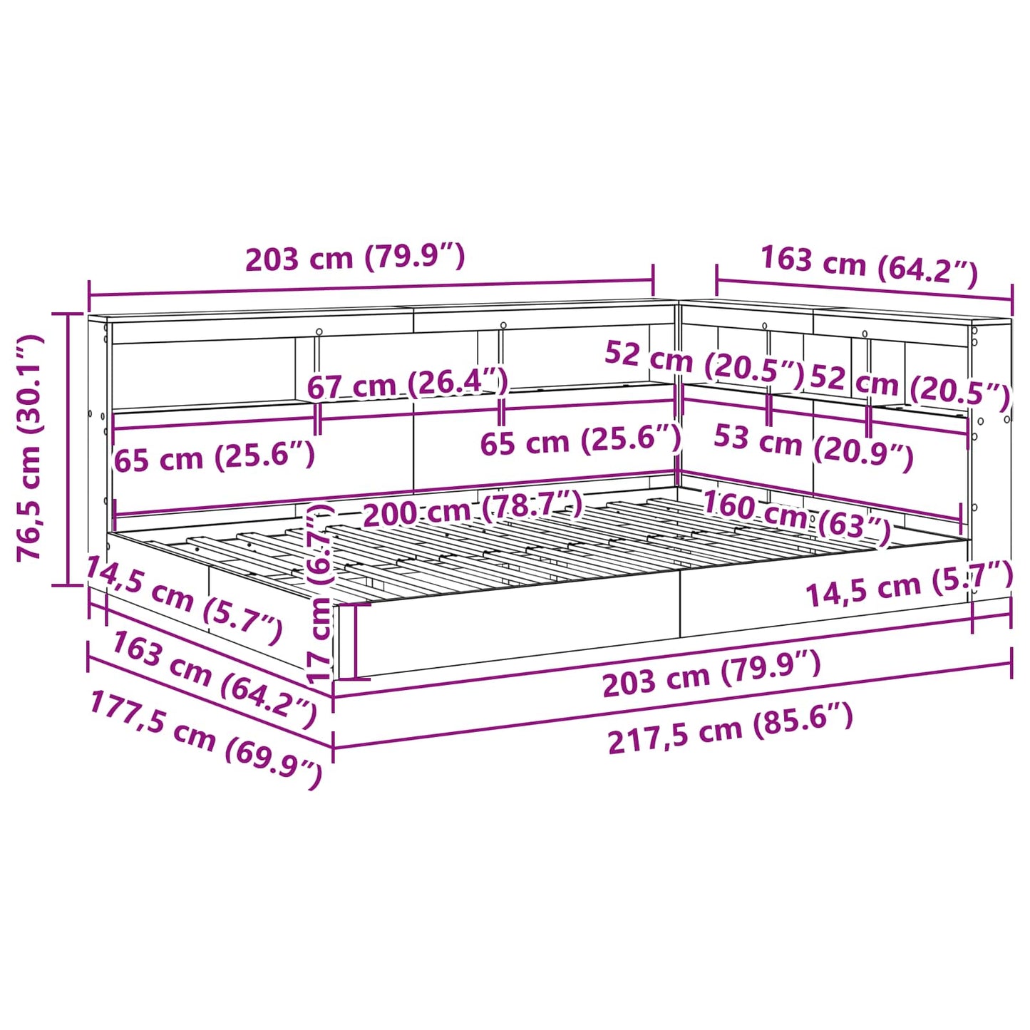 Könyvespolcos Ágy fejtámlával Beton szürke 160 x 200 cm Faanyag