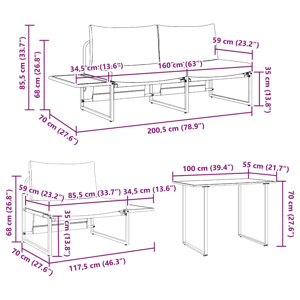 Kert étkező szett 3 pcs Világosszürke Acél