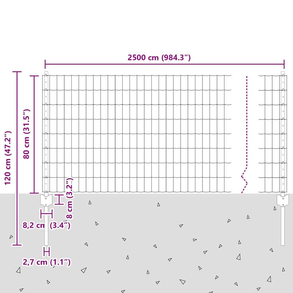 Európai kerítés oszloppal 25 x 0,8 m PVC-bevonatos acél Szürke