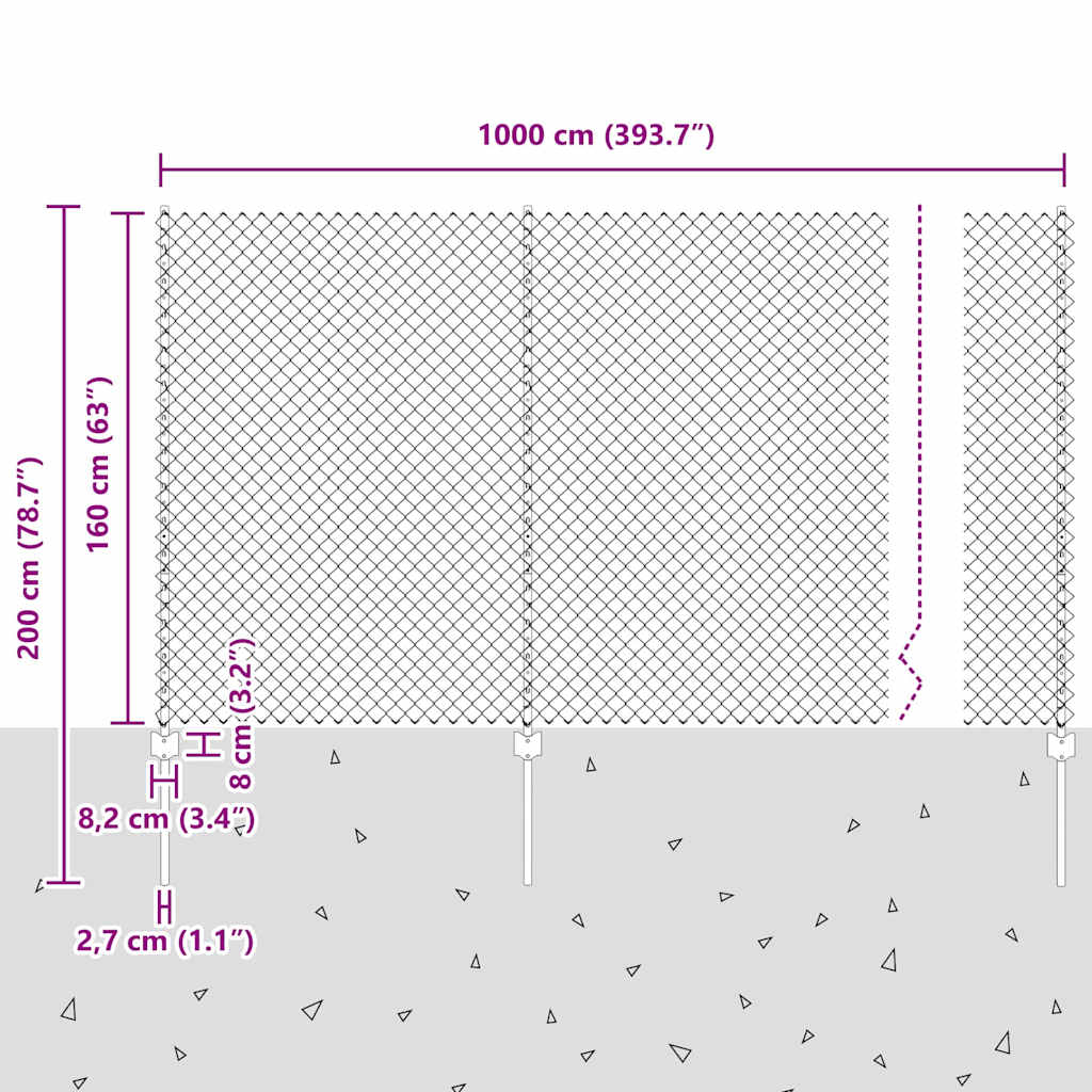 Lánccelpes kerítés oszloppal 10 x 1,6 m Horganyzott Acél Ezüst