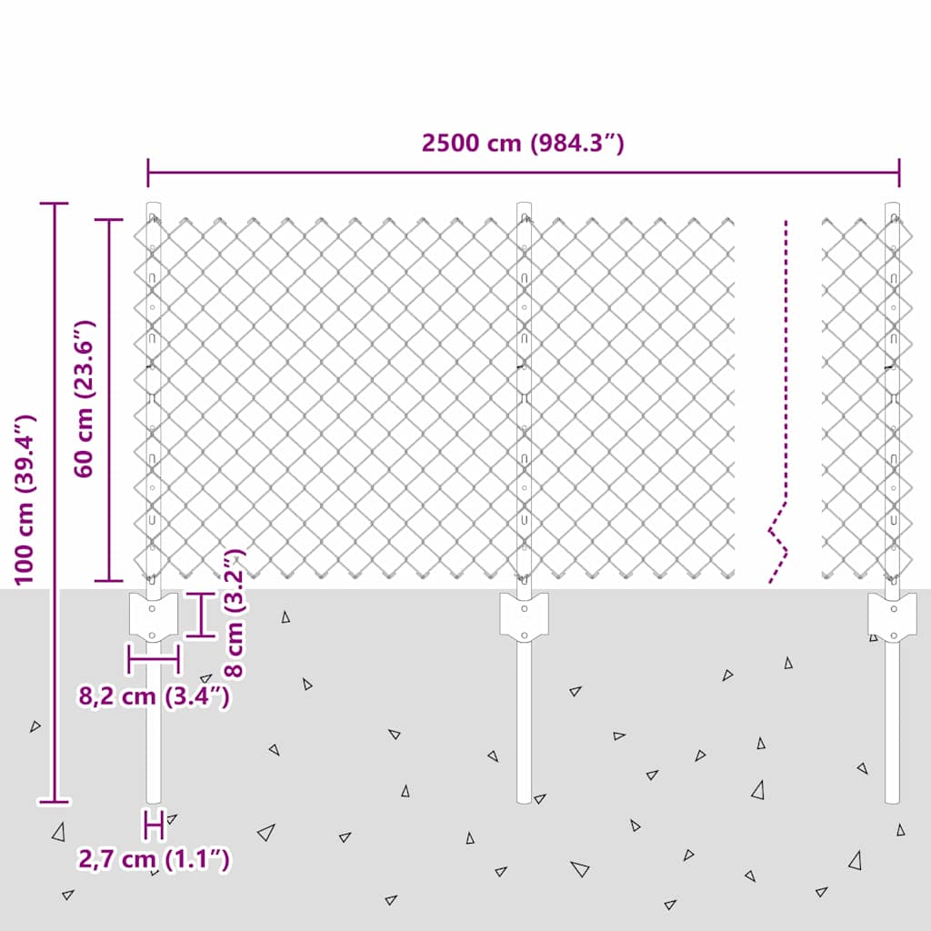 Lánccelpes kerítés oszloppal 25 x 0,6 m Horganyzott Acél Ezüst