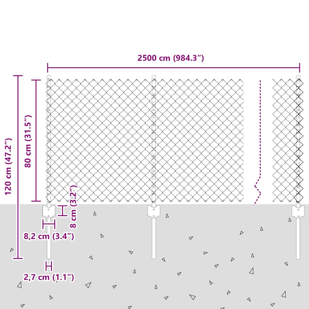 Lánccelpes kerítés oszloppal 25 x 0,8 m Horganyzott Acél Ezüst