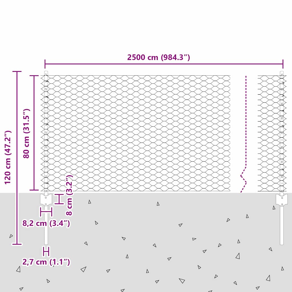 Hatszögletű kerítés oszlopokkal 25 x 0,8 m PVC-bevonatos acél