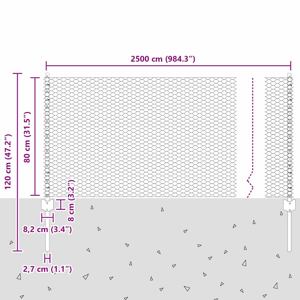 Hatszögletű kerítés oszlopokkal 25 x 0,8 m PVC-bevonatos acél