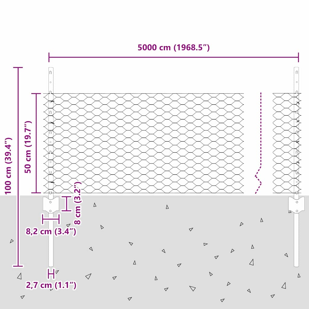 Hatszögletű kerítés oszlopokkal 50 x 0,5 m PVC-bevonatos acél