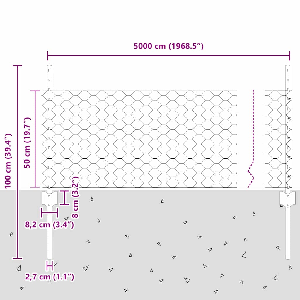 Hatszögletű kerítés oszlopokkal 50 x 0,5 m PVC-bevonatos acél