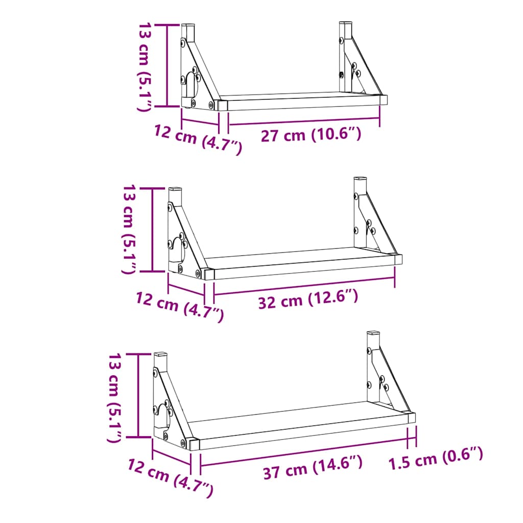 Falpolc Falra szerelhető 3 pcs Füstös tölgy 37 x 12 x 13 cm