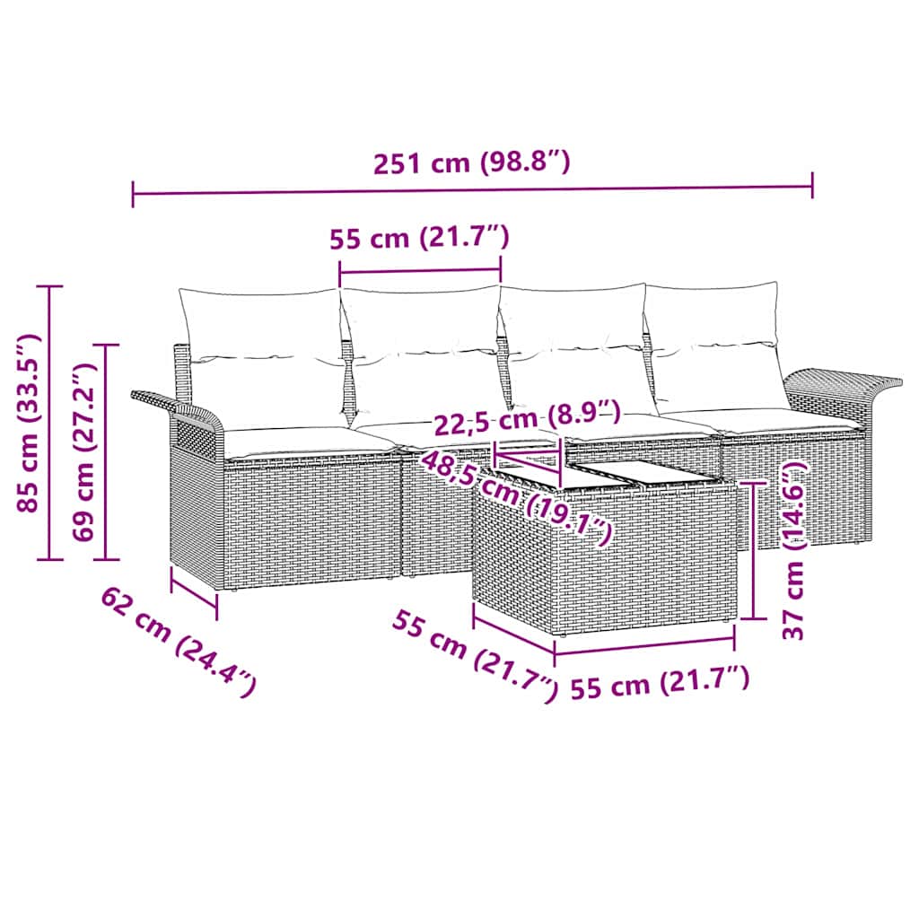 Kanapé Szett párnával 5 pcs Barna polirattan